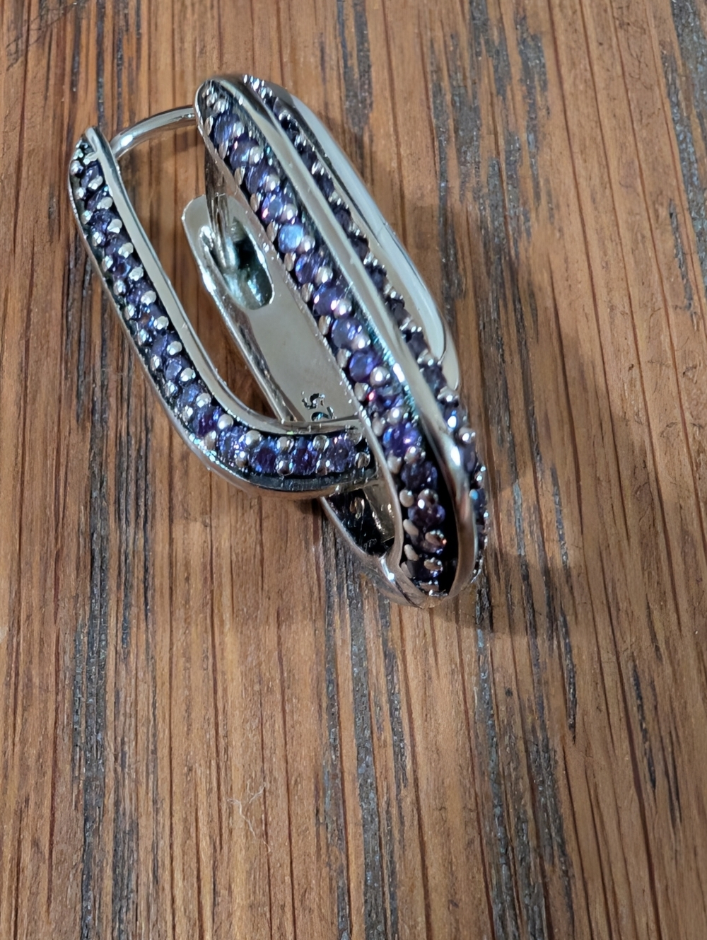 Solid 925 Sterling Silver W/Purple Crystal Carabiner Earrings